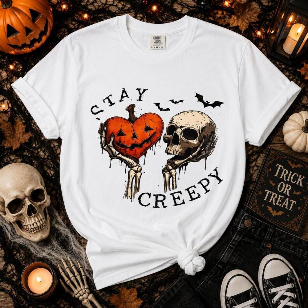 Stay Creepy Pumpkin Heart And Skull T-Shirt Halloween Spooky Tee